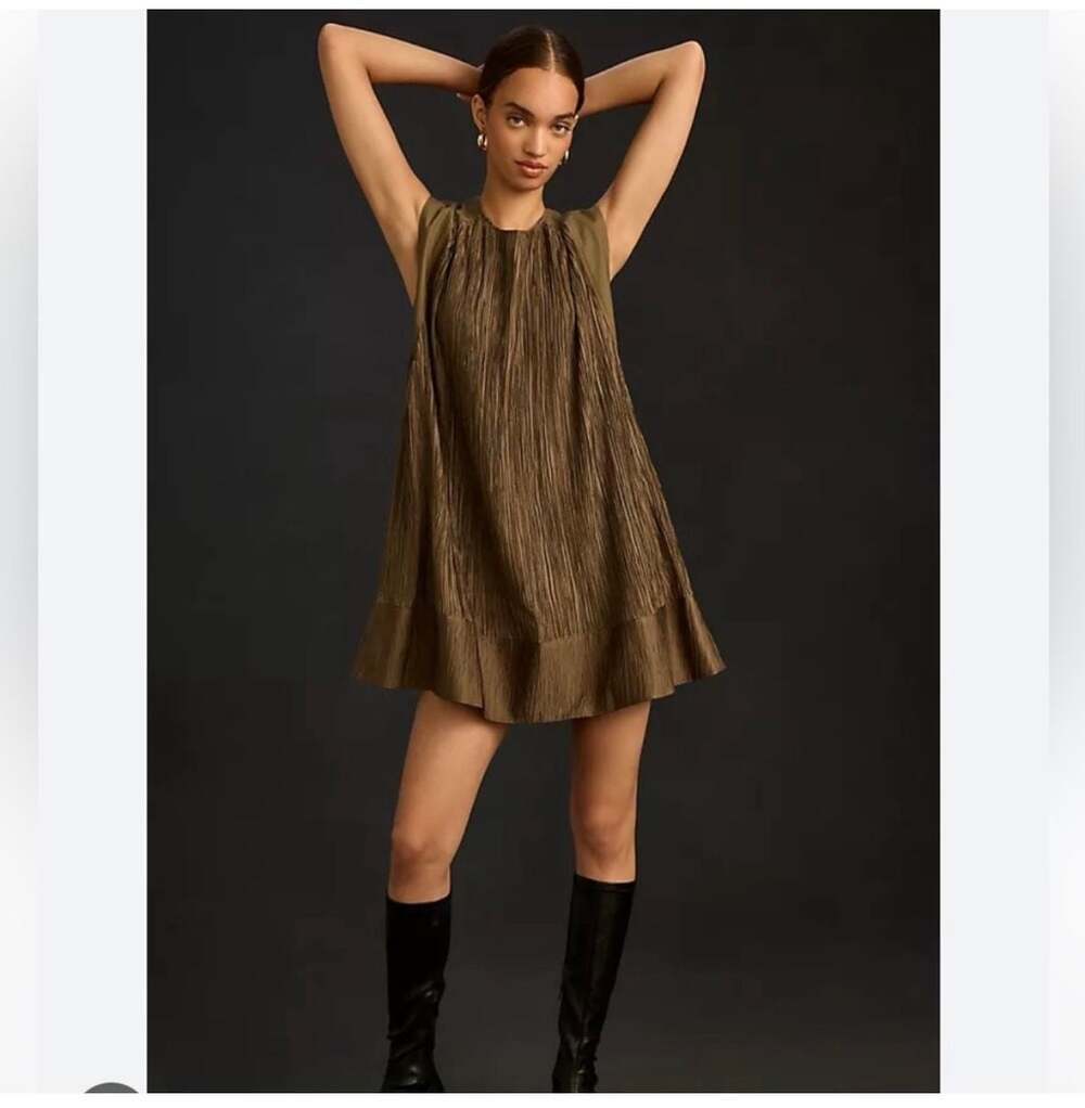 Anthropologie Cap-Sleeve Plissé Mini Dress - Picture 2 of 10